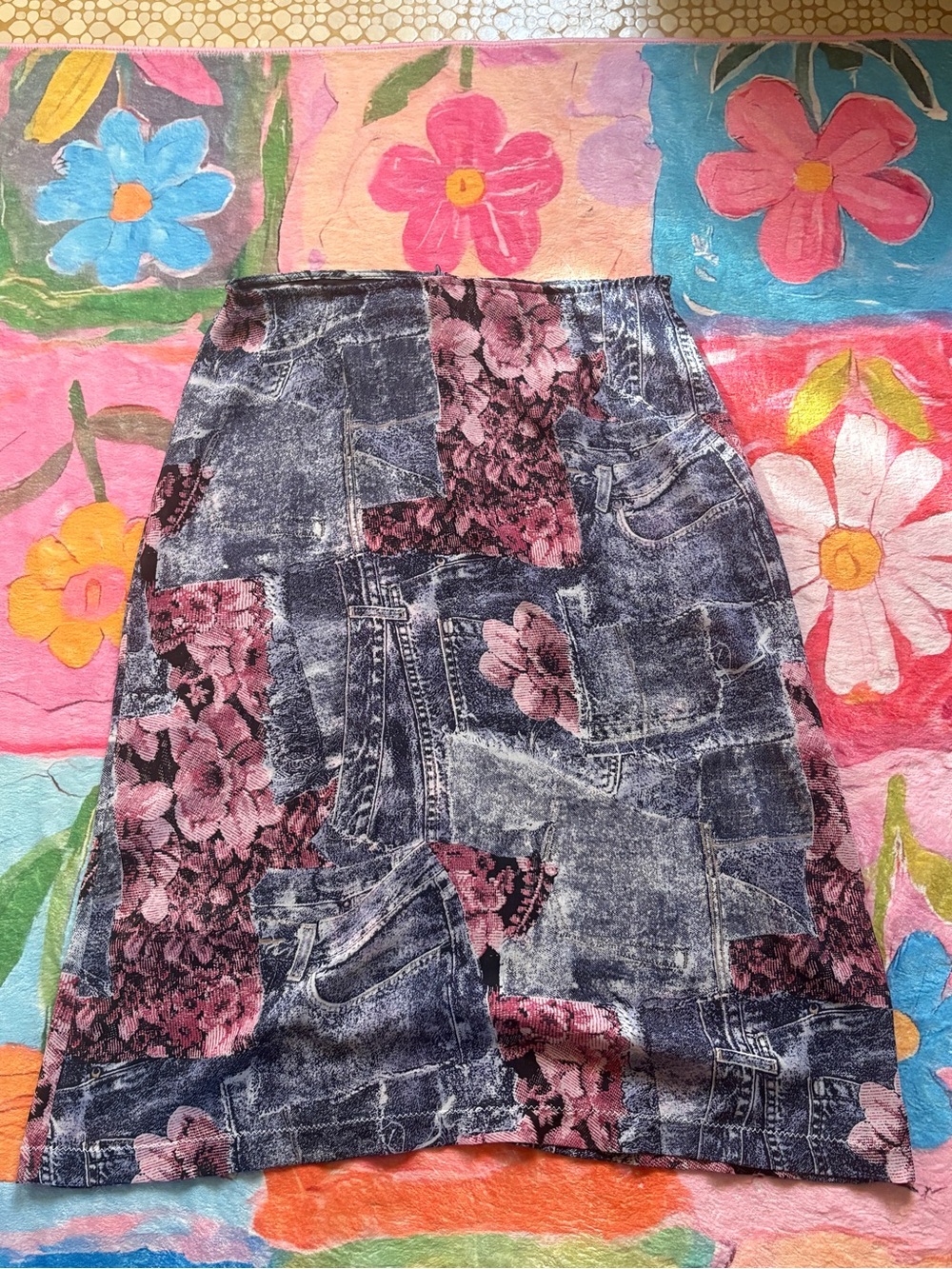 Floral Patchwork Midi Skirt in Pink and Denim Print
